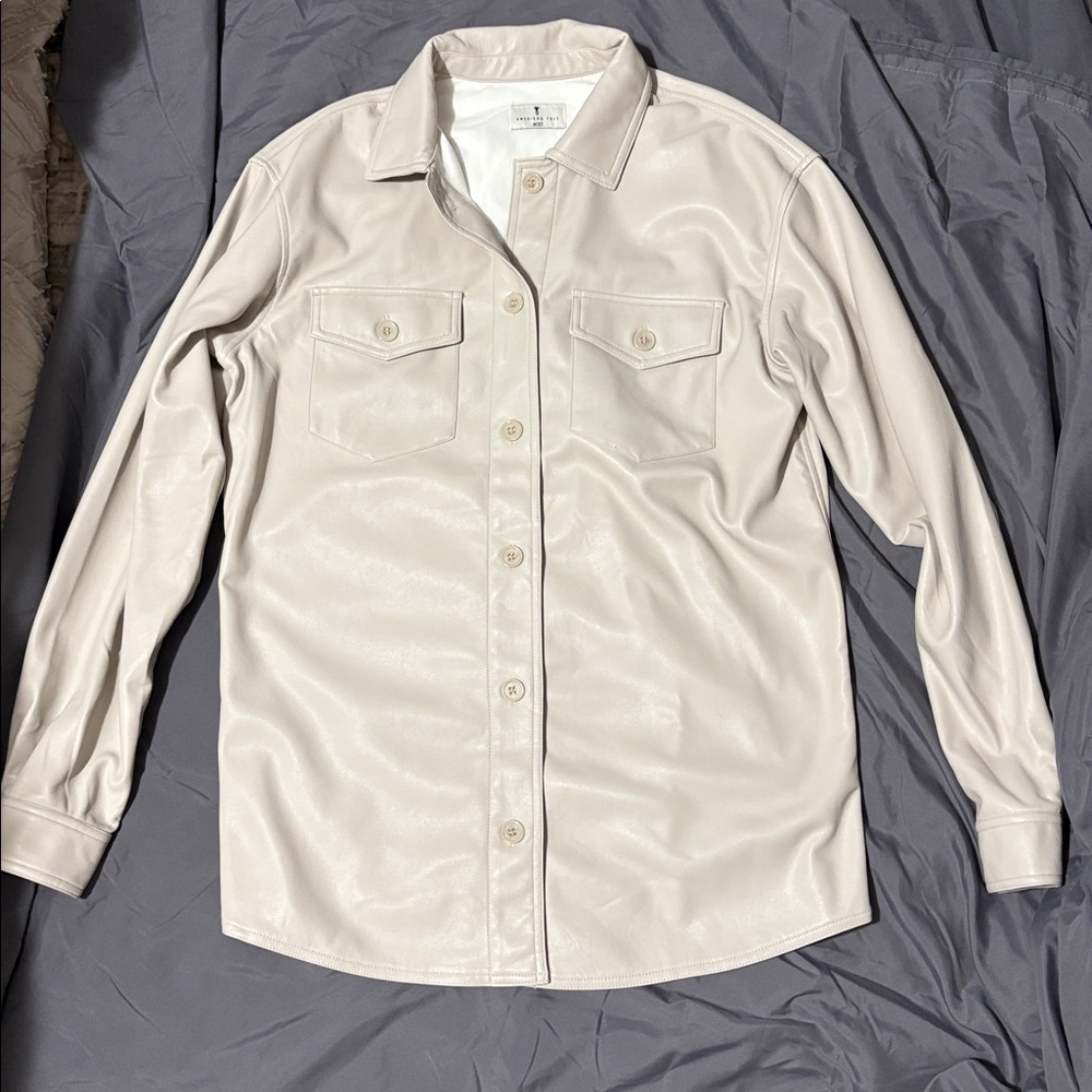 American Tall Cream Faux Leather Button-Up Shirt Medium Extra Tall